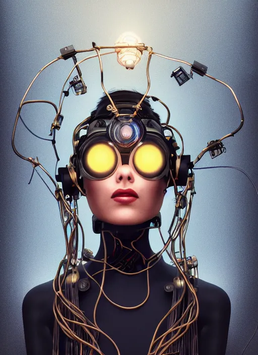 Prompt: symmetrical oil painting of a beautiful cyborg girl with hair made out of cords and wires, wearing steampunk headdress, sci - fi, vr headset, retro futurism, intricate details, filigree, jewellery, gold,, cinematic light, octane render, cinema 4 d, ray tracing, 8 k