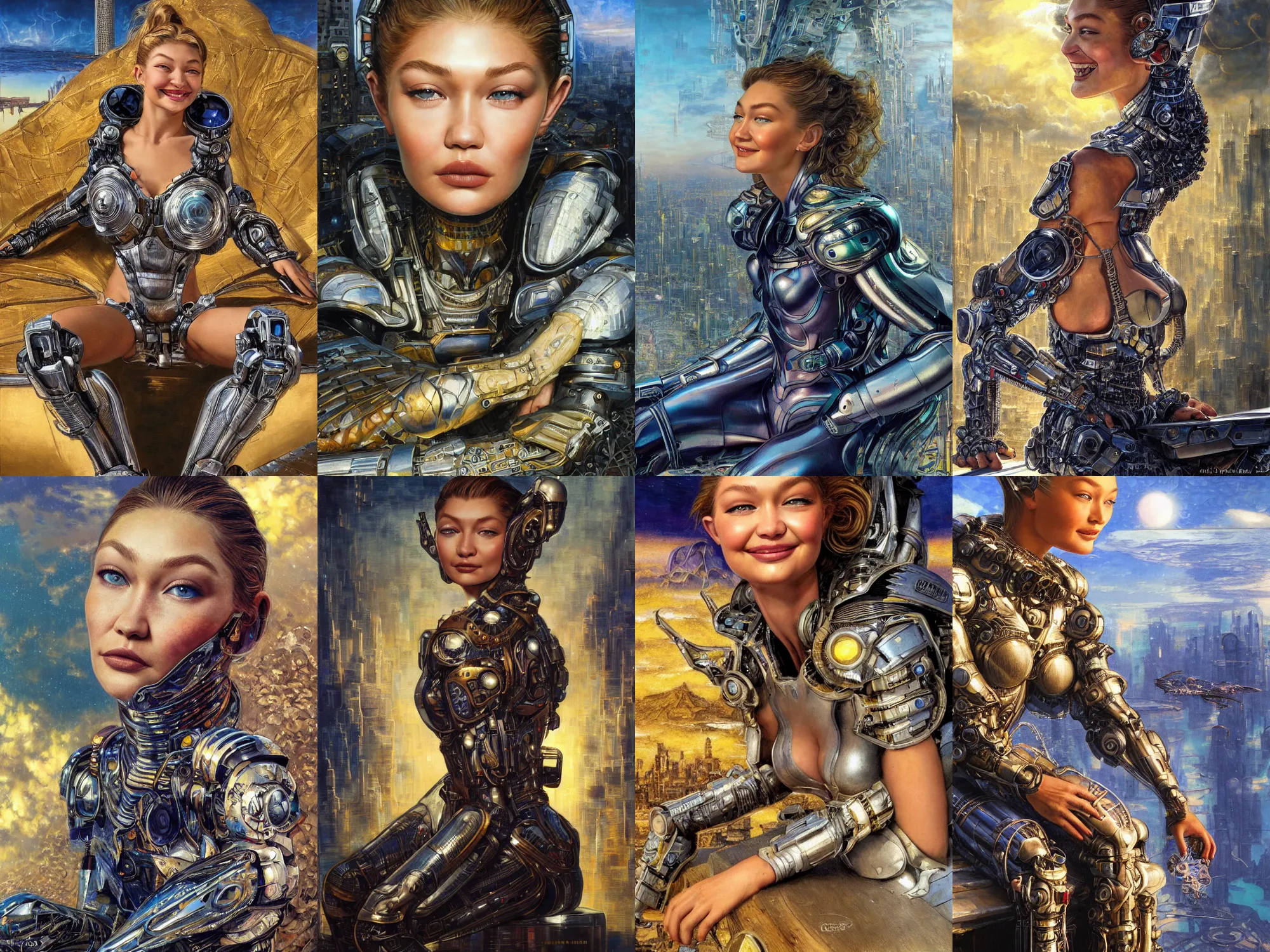 Prompt: close - up portrait of epic young gigi hadid smiling into camera, intricate cyborg armor, sitting on a bench, vista of futuristic city, windy, golden hour, wlop, by gerald brom, by mikhail vrubel, by peter elson, extreme detail, trending on artstation