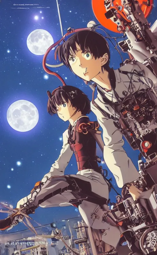 Image similar to < evangelion unit - 0 3 > hold a big < steampunk moon - guitar >, movie poster,, 3 d anime, arcane style, retropunk, high resolution, 4 k, retrofuturism, by < yoshiyuki sadamoto > and ghibli