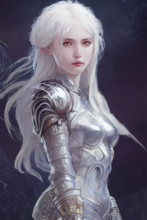 Image similar to portrait white hair knights of zodiac girl, sliver ice color reflected armor, in ruined agora of athens sunrise, ssci - fi and fantasy, intricate and very very beautiful and elegant, highly detailed, digital painting, artstation, concept art, smooth and sharp focus, illustration, art by tian zi and wlop and alphonse mucha