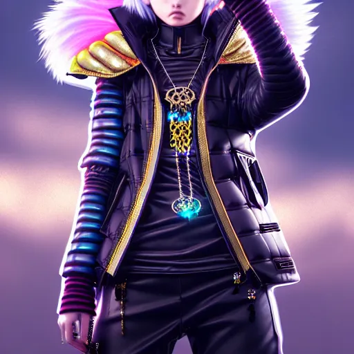 Image similar to hyperdetailed streets metals and shiny iridescent gems, dark rainbow nimbus, gold necklace, puffer jacket, inspired by ross tran and masamune shirow and kuvshinov, intricate, photorealistic, octane render, rtx, hdr, unreal engine, dnd digital art by artgerm