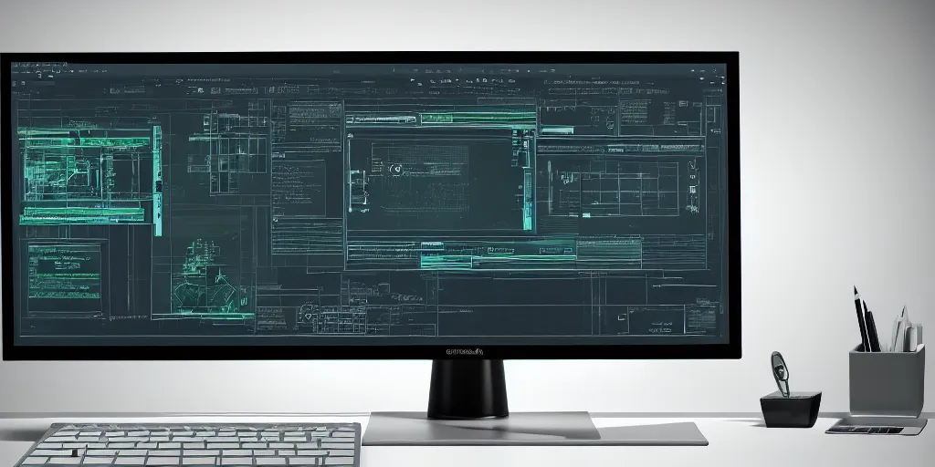 Image similar to cinematic macro photograph of a orwellian desktop monitor in an urban office setting with graphs shown as blueprints and schematic drawings on the screen, ultra realistic, by cedric peyravernay, by kilian eng, intracate detail, digital painting, minimal art style, mirrors edge art style, cinematic lighting, artstation, cgsociety, octane render, 3 5 mm film grain