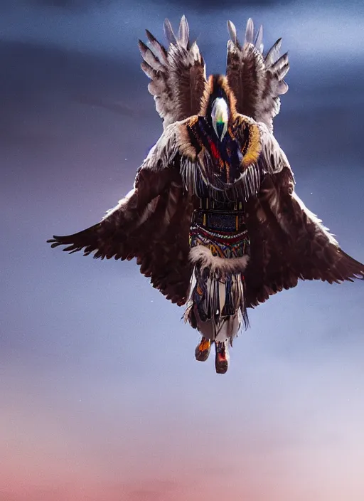 Image similar to Navajo shaman morphing into an eagle during a Sundance, realistic, cinematic, octane render