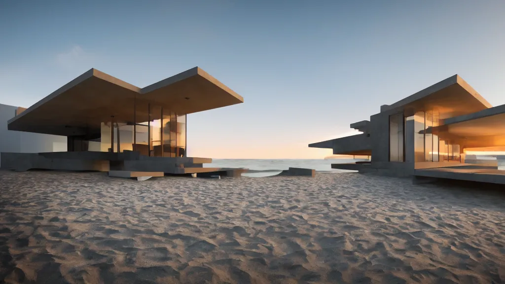 Prompt: modern concrete house built in the ocean, futuristic accents, golden hour, 4 k, built by frank lloyd wright, concept art