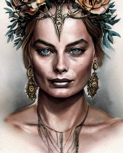 Image similar to realism tattoo sketch of margot robbie as a beautiful greek goddess aphrodite with piercing eyes wearing a laurel wreath and triangle earrings, in the style of greg rutkowski, amazing detail