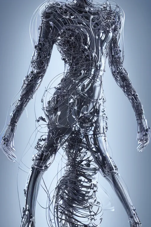 Image similar to iris van herpen, perfect symmetrical body, full body shot, inflateble shapes, wires, tubes, veins, jellyfish, white biomechanical details, wearing epic bionic cyborg implants, masterpiece, intricate, biopunk, vogue, highly detailed, artstation, concept art, cyberpunk, octane render