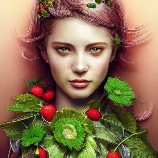 Image similar to the portrait of an absurdly beautiful, graceful, elegant, young woman made of strawberries and green petals, an ultrafine hyperrealistic detailed illustration by kim jung gi, irakli nadar, intricate linework, bright colors, octopath traveler, final fantasy, angular, unreal engine 5 highly rendered, global illumination, radiant light, detailed and intricate environment