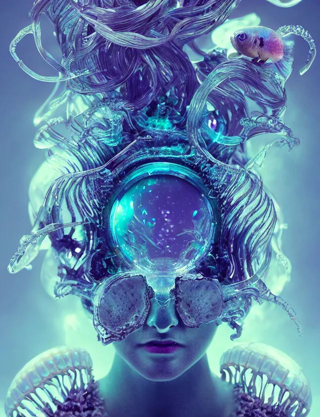 Image similar to goddess macro close - up portrait in crown made of ram skull. betta fish, jellyfish phoenix, bioluminiscent, plasma, ice, water, wind, creature, super intricate ornaments artwork by tooth wu and wlop and beeple and greg rutkowski