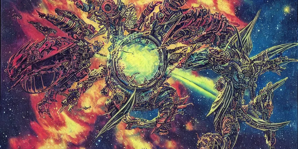 Prompt: an alien dragon flying through outer space, epic nebula, style of philippe druillet art