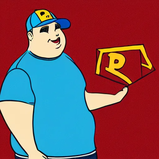 Prompt: obese young man with a t-shirt and cap with the letter P, drawing a comic