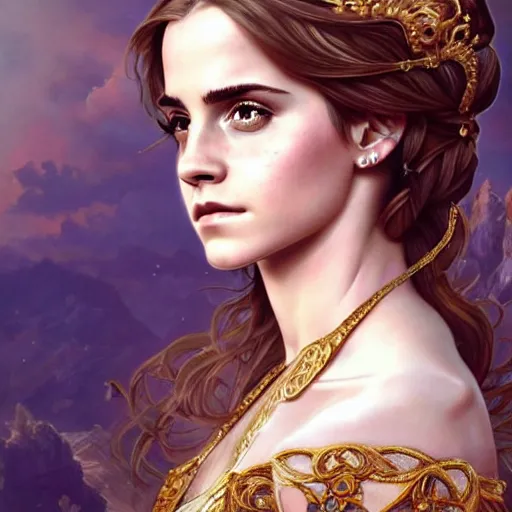 Image similar to Emma Watson as a roman Goddess, cute, fantasy, intricate, elegant, highly detailed, digital painting, 4k, HDR, concept art, smooth, sharp focus, illustration, art by artgerm and H R Giger and alphonse mucha