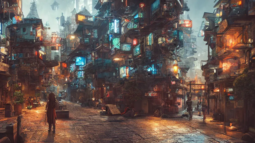 Prompt: immersed in, cyberpunk traditional village, realistic, concept art, octane render, fantasy, futuristic,, hyperrealistic, highly detailed, 4 k hd