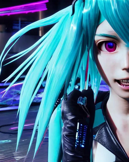 Image similar to Hatsune Miku in the role of Johnny Silverhand from Cyberpunk 2077, amazing short, 8K, IMAX, ultra detailed