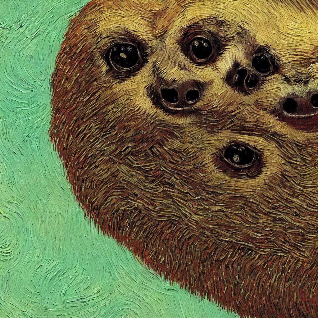 Image similar to a beautiful oil painting of a sloth's face in the style of van Gogh