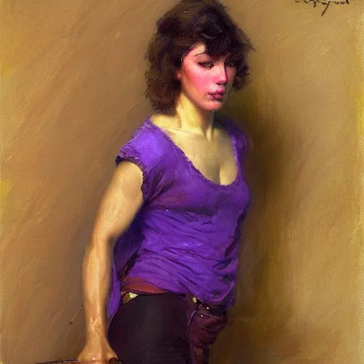 Prompt: a woman in a purple shirt with an athletic body type, painting by Gaston Bussiere, Craig Mullins