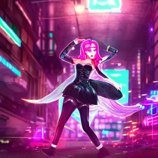 Image similar to a girl like (jinx, Princess peach), dancing, background cyberpunk city, kpop, fullshot, photo, volumetric lighting, epic composition, intricate details, dark neon punk, by KDA