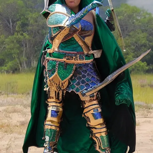 Prompt: full shot photo of a female warrior with malachite armor