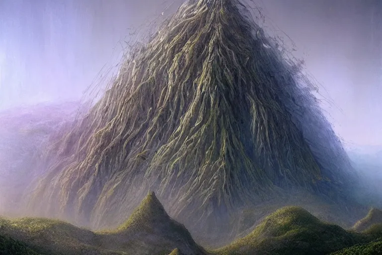 Image similar to Primordial fantasy landscape, A Valley, Gleaming Fortress Himeji Getty Center, Rivendell, overlooks the Garden of Eden, amazing concept painting, by Jessica Rossier by HR giger by Beksinski