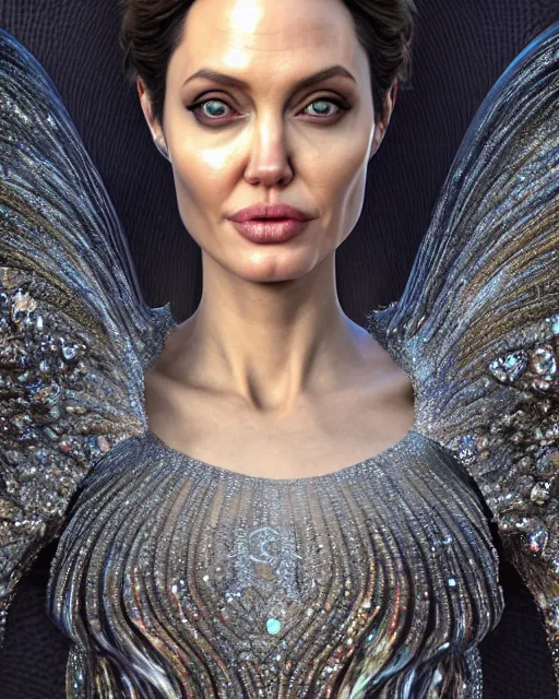 Image similar to a highly detailed metahuman 8 k close up render of angelina jolie renaissance in iris van herpen dress schiaparelli in diamonds crystals swarovski and jewelry iridescent in style of alphonse mucha gustav klimt trending on artstation made in unreal engine 4