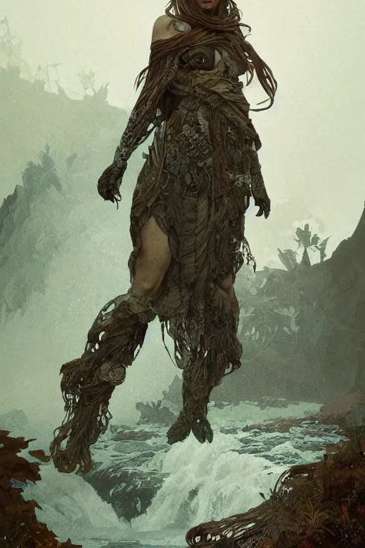 Image similar to a full body portrait of a beautiful post apocalyptic offworld neoicelandic biofarmer swimming by the waterfalls, intricate, elegant, highly detailed, digital painting, artstation, concept art, smooth, sharp focus, illustration, art by krenz cushart and artem demura and alphonse mucha