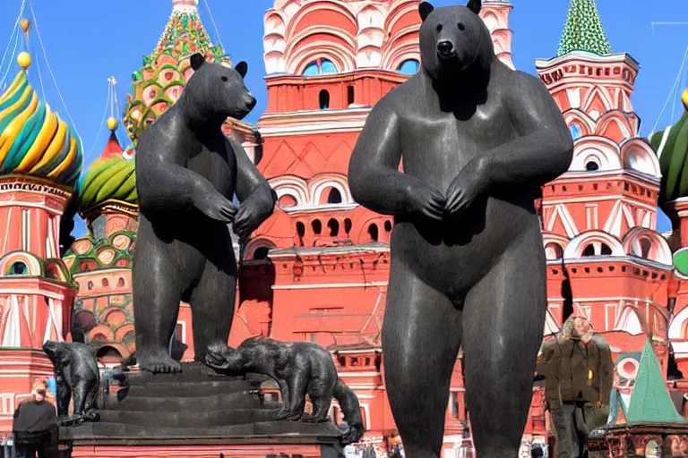 Prompt: a gigantic statue of bear in the middle of the red square, excited russians, symmetry, awesome exposition, very detailed, highly accurate, 8 k