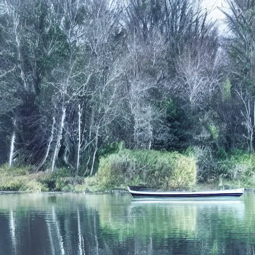 Prompt: 'a boat in a river with trees alongside'