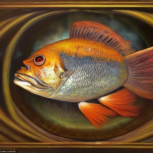 Image similar to surprised fish on a pile of fish in a cooking pot on fire, side view, by vladimir kush, dystopian art, rococo