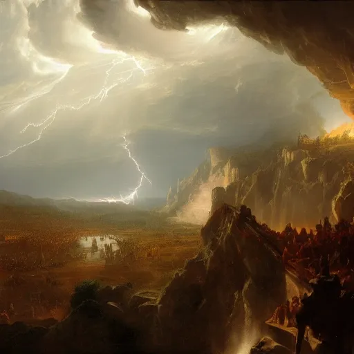 Image similar to Capitol Riot lead by marmots painted by Thomas Cole with dramatic lightning, concept art, matte painting, 8k, highly detailed, artstation