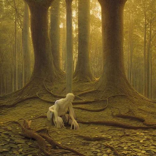 Image similar to a ivory golden forest, by Edgar Maxence and Ross Tran, Zdzisław Beksiński, and Michael Whelan, distant, gustav dore, 8k, octane render