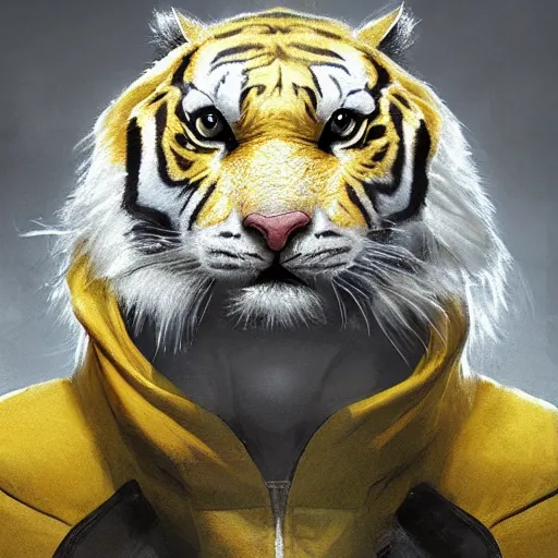 Image similar to a beautfiul award winning aesthetic commission of an antrho albino tiger wearing a yellow-black padded hooded puffer jacket,digital art,art by greg rutkowski,character design by charles bowater,ross tran,photorealistic,detailed face,hyperdetailed,western comic,2021,artstation,deviantart,detailed face