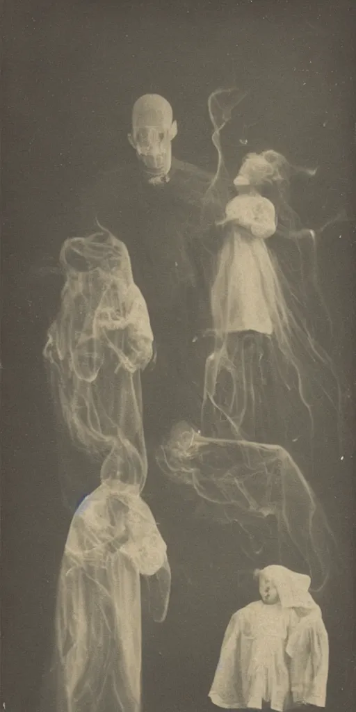 Image similar to spirit photography with glowing bulbous ectoplasm, scary shadow people, sleep paralysis demon, 1 9 0 0 s, slimer, mourning family, invoke fear and dread, old photograph, daguerreotype