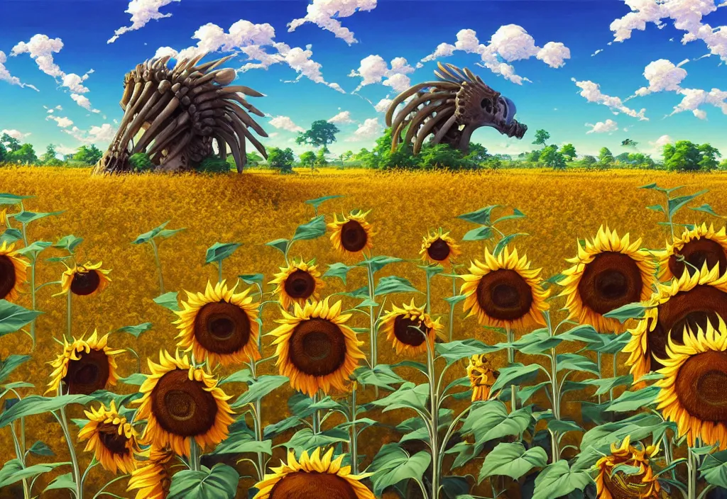Prompt: giant animal bones in the countryside with sunflowers in the background, intricate oil painting, high detail illustration, sharp high detail, manga and anime 1 9 9 9, official fanart behance hd artstation by jesper ejsing and makoto shinkai, 4 k,