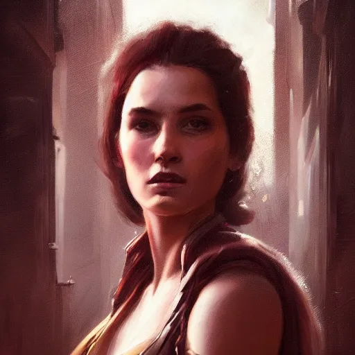 Image similar to closeup portrait of esme augusta bianco, dramatic lighting, city background, sunset, chiaroscuro, complementary contrast high detail, painted by greg rutkowski, painted by igor kieryluk, painted by bobby chiu, trending on artstation