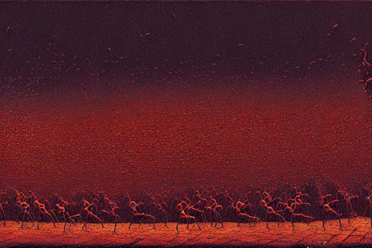 Image similar to a line of ants heading up an outside wall towards a pie cooling in the window, in the style of beksinski, intricate and epic composition, red by caravaggio, insanely quality, highly detailed, masterpiece, purple light, artstation, 4 k