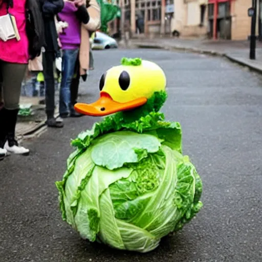 Image similar to a duck dressed as cabbage