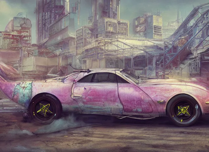 Image similar to realistically detailed concept art real pastel painting of a real gaspunk muscle car in full intricate detail, ultra detailed, realistic digital art, octane render, 4K, dystopian, micro details