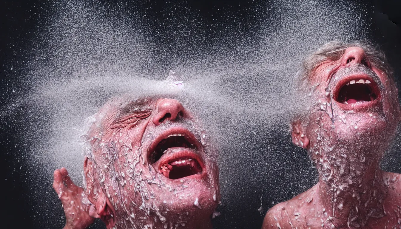 Prompt: o hyper realistic photo of a weathered old man, feedback loop, burst of powders, spraying liquid, volumetric lighting, twisting vapour, bellowing dust, emerging hands and beautiful woman's screaming face, full colour, upscale, 4 k
