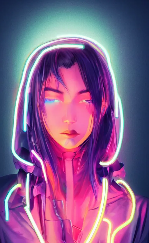 Image similar to a cyberpunk girl wearing neon hoodie, chrome, neon light, japan, perfect face, high detailed, realistic, preatty face, asian, long hair, cyberpunk, geisha, arcane style, 3 d mix with 2 d