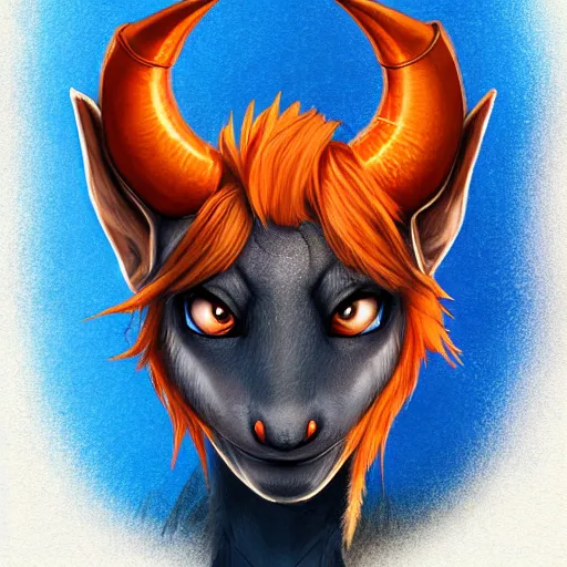 Prompt: illustrated realistic tilted head portrait female prong-horned kobold with blue bob hair and solid dark eyes wearing strap leather armor, orange glow, backlit by rossdraws