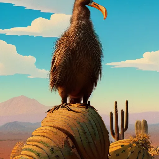 Image similar to A full body dodo bird perched atop a Saguaro cactus in the desert, digital art, trending on Artstation, high detail, sharp focus, illustration, art by artgerm and greg rutkowski and alphonse mucha.