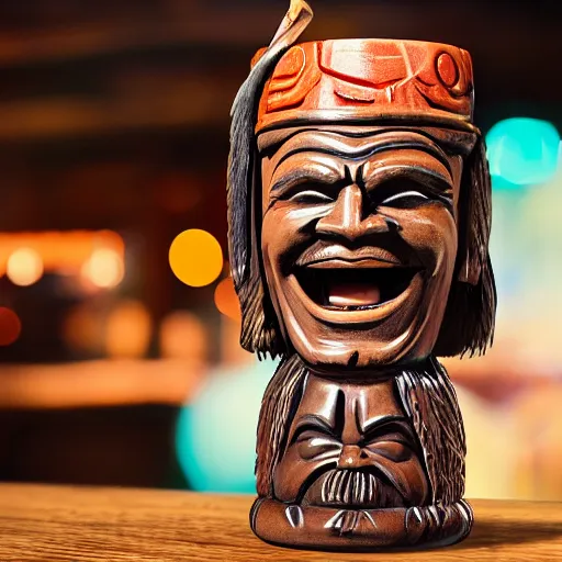 Image similar to a photorealistic photograph of a Trader Vic's tiki mug featuring joyful Johnny Depp at a Tiki bar - Trending on Artstation, featured on Behance, well-rendered, Unreal Engine, 4K HD