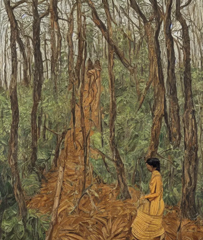 Image similar to indigenous woman walking in the forest, painted by lucian freud, hd, super detailed, realistic, muted colors