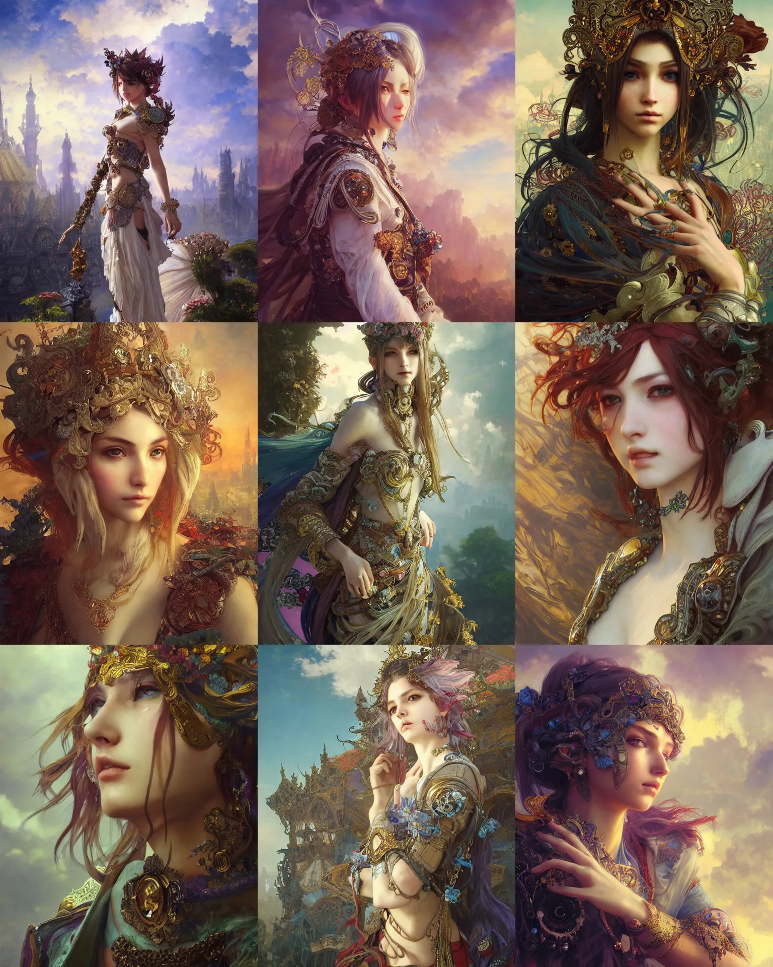 Prompt: a stunning intricate exquisite imaginative exciting close up portrait of a final fantasy character, ornate magical intricate and soft by ruan jia, tom bagshaw, alphonse mucha, krenz cushart, beautiful palace ruins in the background, epic sky, vray render, artstation, deviantart, pinterest, 5 0 0 px models