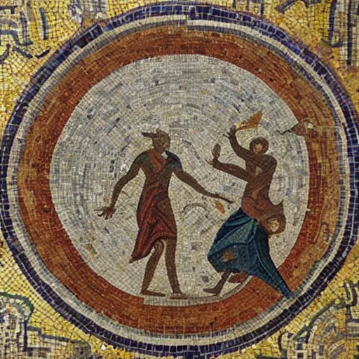 Prompt: an ancient roman mosaic of 2 persons throwing a frisbee