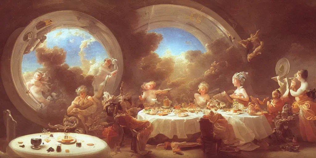 Prompt: Eating hot pot in the space station with Saturn outside the round window, in style of Jean-Honore Fragonard, surrealist