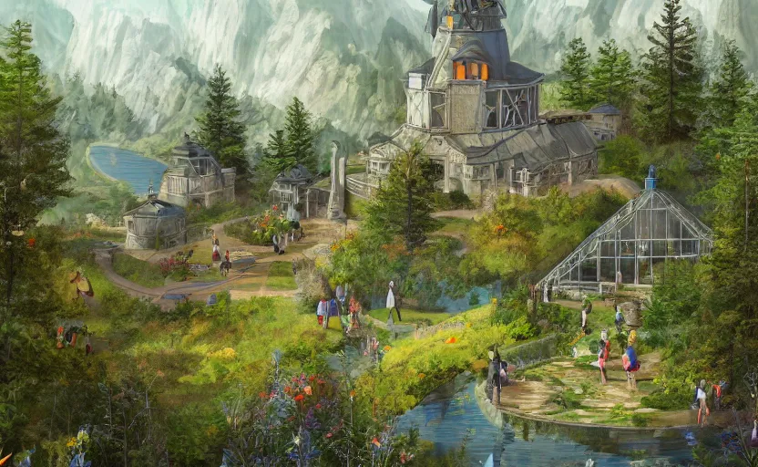 Image similar to a magic school hidden in the mountains surrounded by forests and a lake to it's back, an observatory with a huge telescope, a greenhouse with lush flora, students walking and flying on brooms, artstation, gouache, high detail, stylized