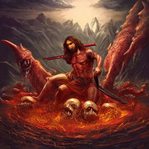 Image similar to jesus killing red monsters on a pile of corpses, in hell, black moutains, golden sun, beautiful, trending on artstation, intricate