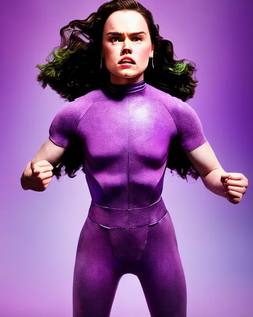 Image similar to photos of beautiful purple skinned actress Daisy Ridley as the Green Lantern soranik natu as she soars thru outer space, purple skin, purple skin colored Daisy Ridley, photogenic, purple skin, short black pixie like hair, particle effects, photography, studio lighting, photographed in the style of Annie Leibovitz