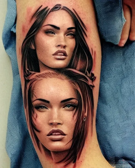 Prompt: creative double exposure effect tattoo design sketch of megan fox with beautiful mountain scenery, realism tattoo, in the style of matteo pasqualin, amazing detail, sharp