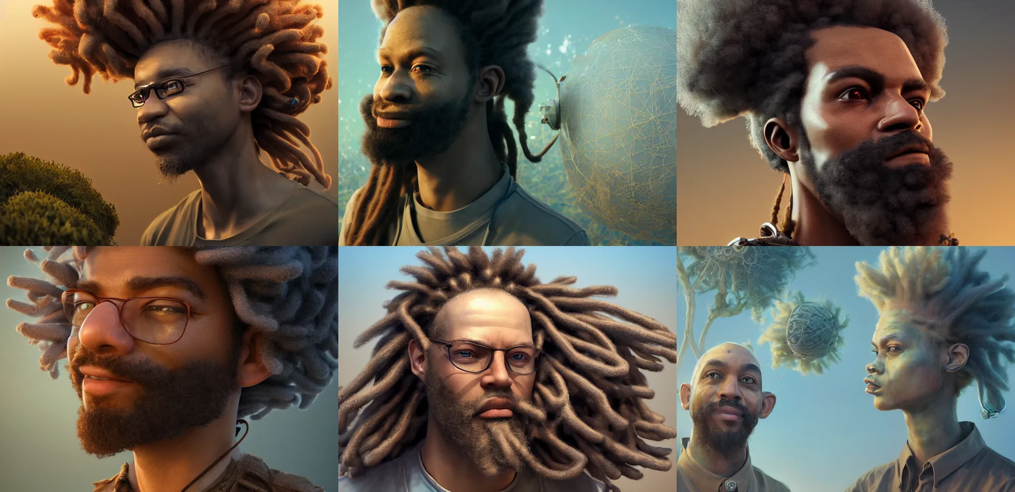 Prompt: incredibly realistic, too detailed face of a researcher dude, dreadlock afro, octane render, bump mapping, macro image, global illumination, 8 k, bokeh, enki bilal, yuji himukai, jen zee, peter mohrbacher